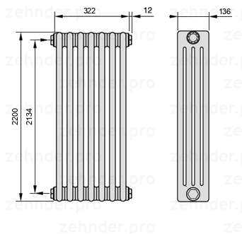 Схема (чертеж) Радиатор Zehnder Charleston 4220/7 №1270 Белый глянцевый RAL 9016